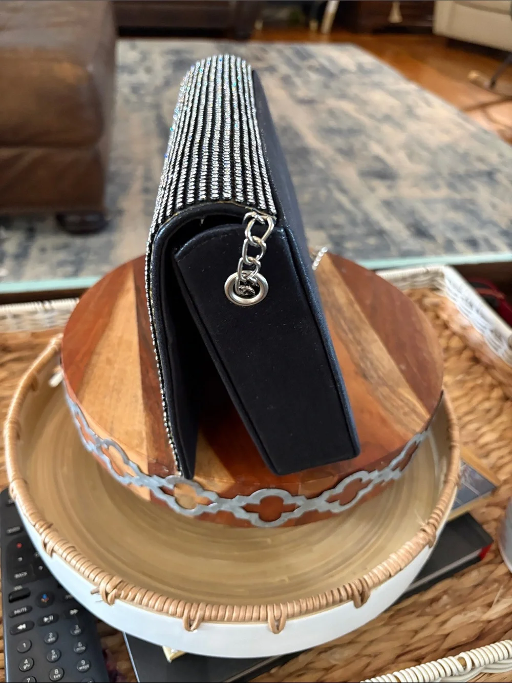 Rhinestone Chain-Handle Black Evening Clutch